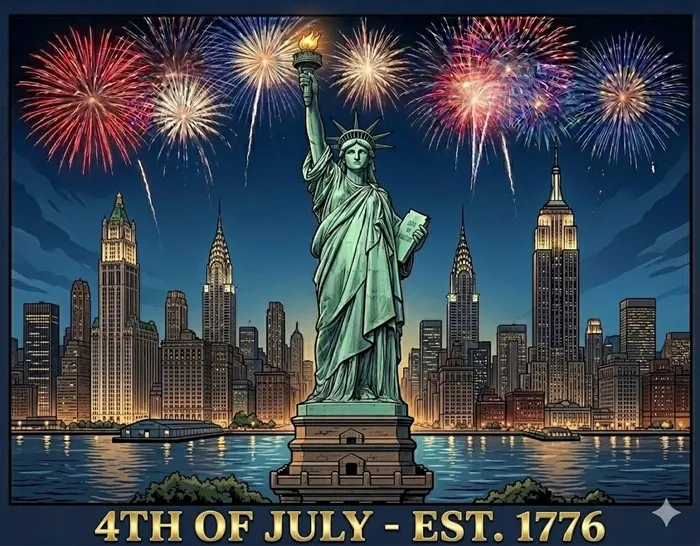 Fourth of July fireworks over the New York City skyline and the Statue of Liberty
