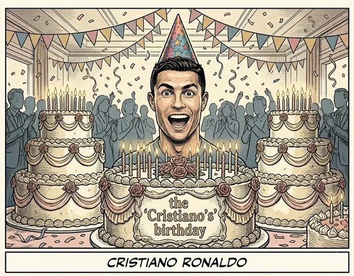 Cartoon of Cristiano Ronaldo celebrating a birthday