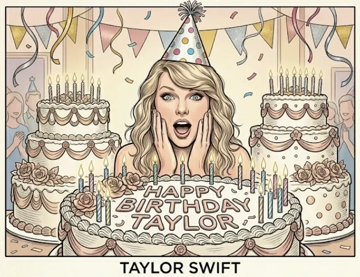 Cartoon of Taylor Swift celebrating a birthday