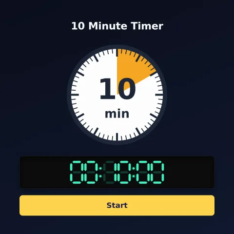 The alarm-clock.org 10-minute timer: an analog dial with 10 minutes shaded orange, the digital read-out and a Start button