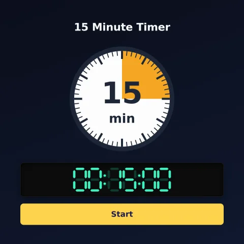 The alarm-clock.org 15-minute timer: an analog dial with 15 minutes shaded orange, the digital read-out and a Start button