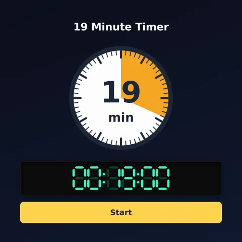 The alarm-clock.org 19-minute timer: an analog dial with 19 minutes shaded orange, the digital read-out and a Start button