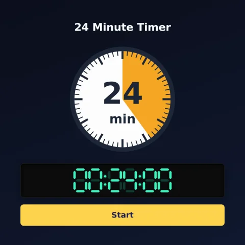 The alarm-clock.org 24-minute timer: an analog dial with 24 minutes shaded orange, the digital read-out and a Start button