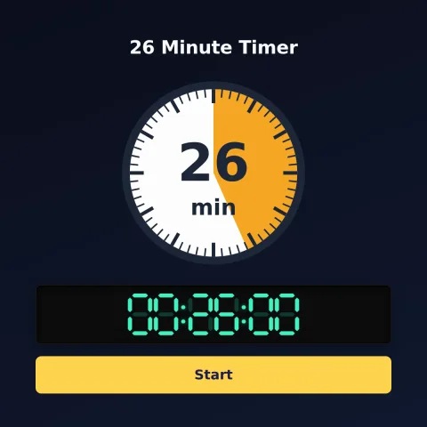 The alarm-clock.org 26-minute timer: an analog dial with 26 minutes shaded orange, the digital read-out and a Start button