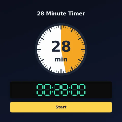 The alarm-clock.org 28-minute timer: an analog dial with 28 minutes shaded orange, the digital read-out and a Start button