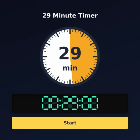 The alarm-clock.org 29-minute timer: an analog dial with 29 minutes shaded orange, the digital read-out and a Start button
