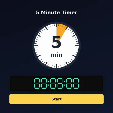 The alarm-clock.org 5-minute timer: an analog dial with 5 minutes shaded orange, the digital read-out and a Start button