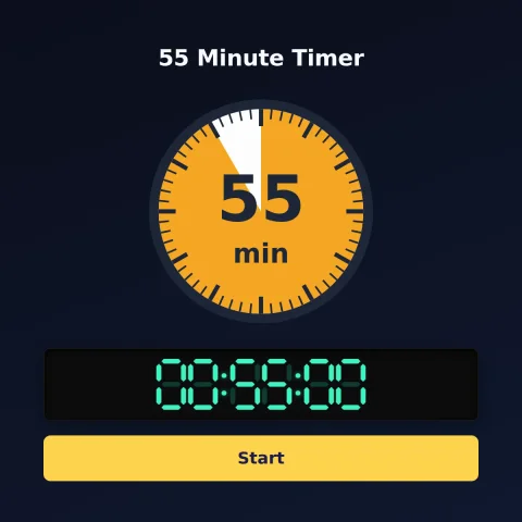 The alarm-clock.org 55-minute timer: an analog dial with 55 minutes shaded orange, the digital read-out and a Start button