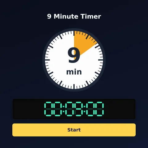 The alarm-clock.org 9-minute timer: an analog dial with 9 minutes shaded orange, the digital read-out and a Start button